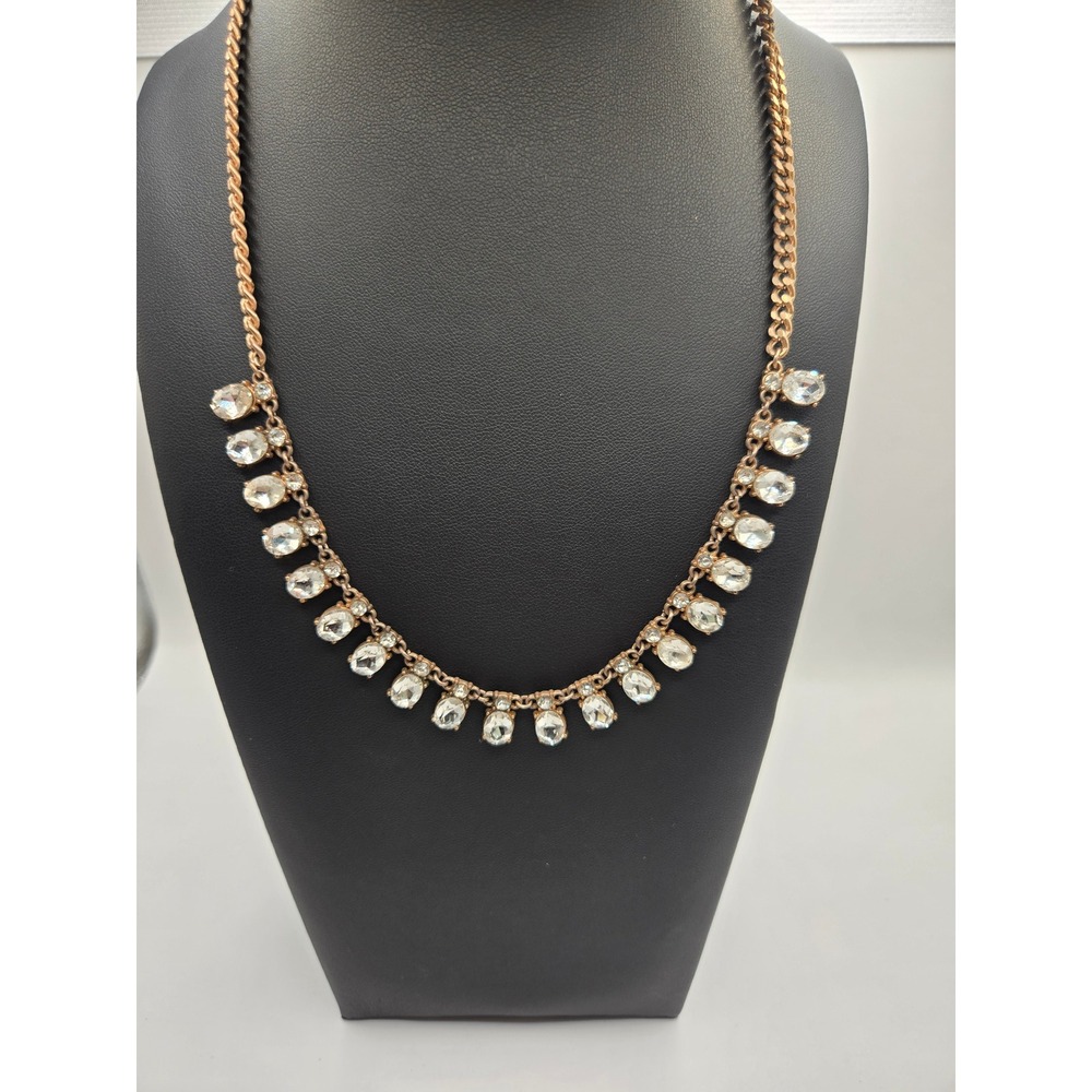Rose Gold Tone Oval Crystal Bib Collar Necklace Curb Chain Adjustable 18.5 Inch